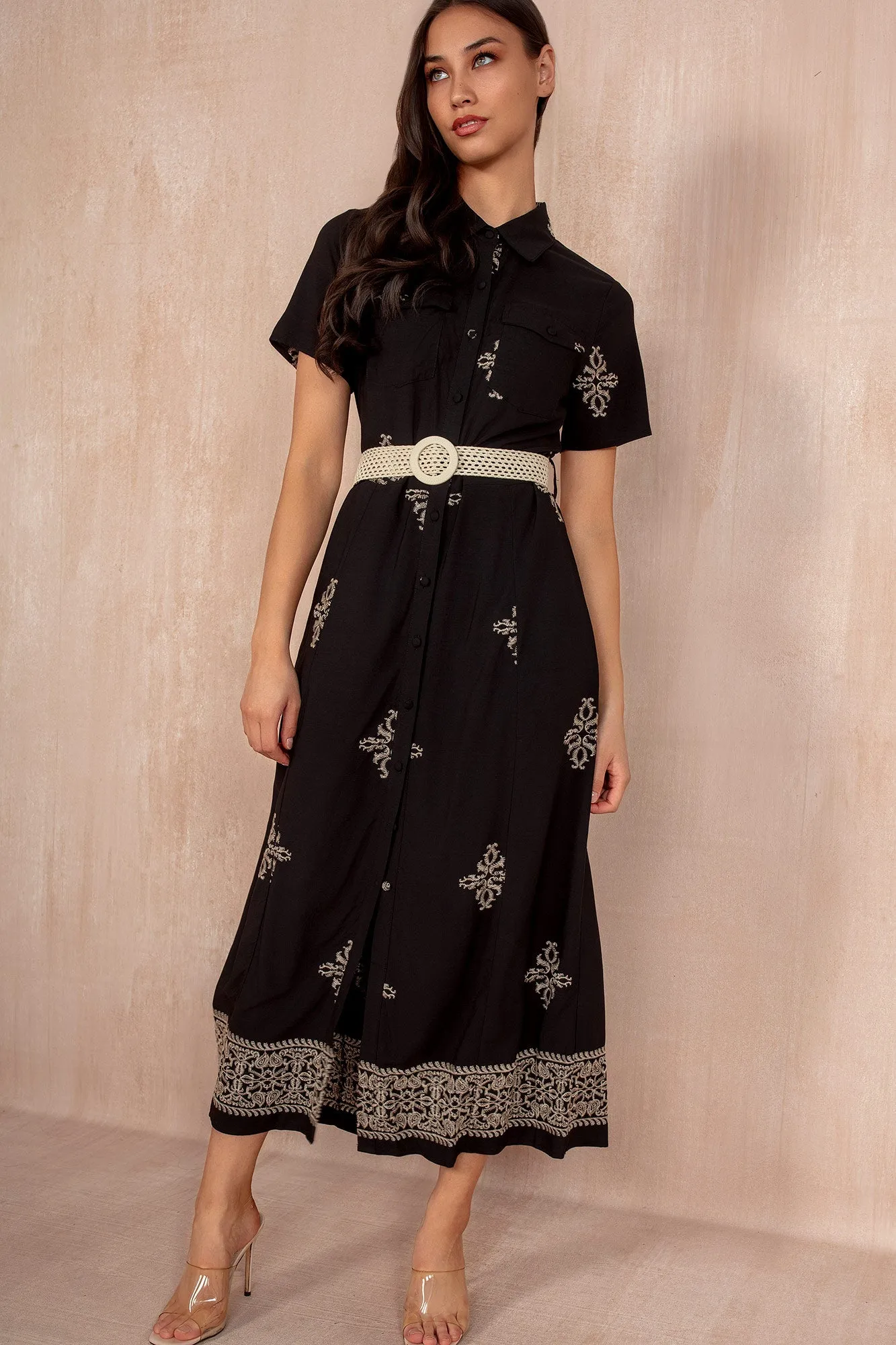 Solene Black Embroidered Shirt Dress sold by Vavavoom