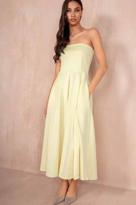 Danni Lemon Bandeau Pleated Midi Dress sold by Va Va Voom