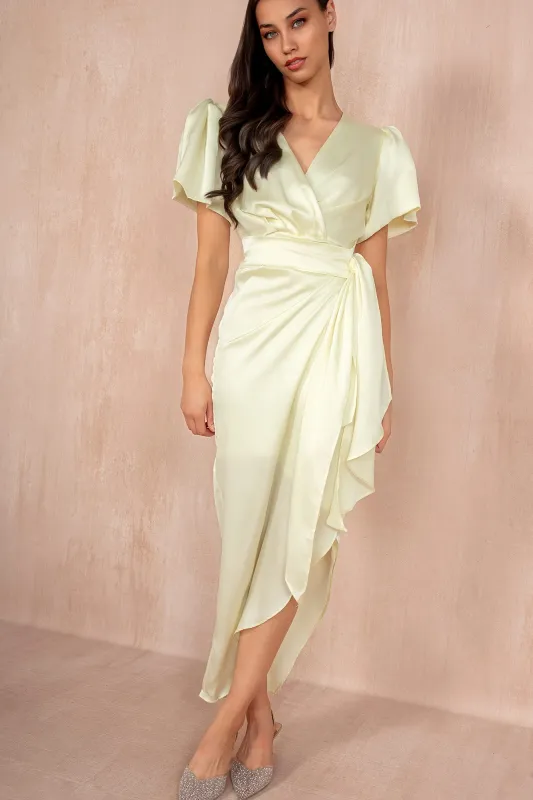 Drew Lemon Satin Wrap Midi Dress sold by Va Va Voom