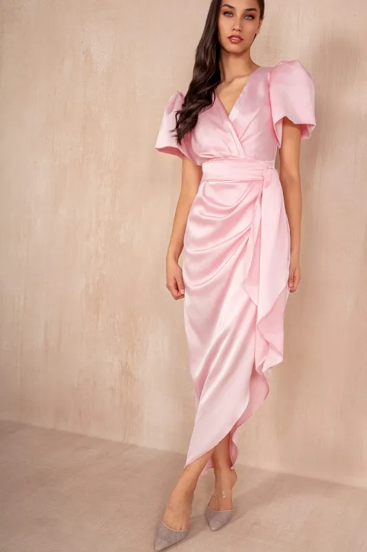 Drew Pink Satin Wrap Midi Dress sold by Va Va Voom