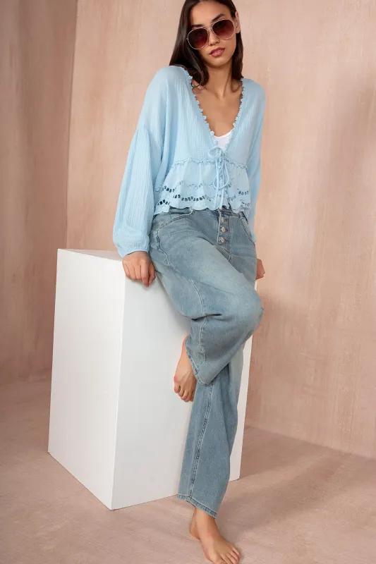 Amy Blue Cotton Tie Front Top sold by Va Va Voom