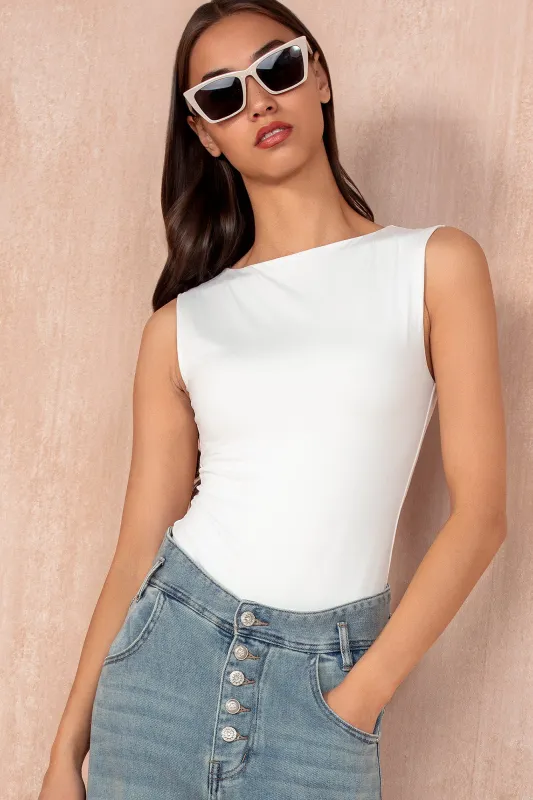 Mara White Slinky Sleeveless Bodysuit sold by Va Va Voom