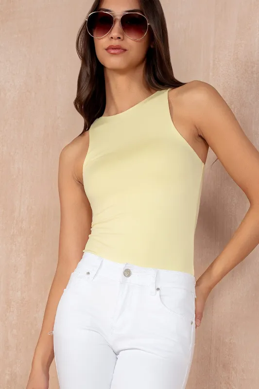 Prim Lemon Slinky Sleeveless Bodysuit sold by Va Va Voom