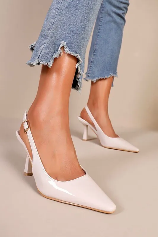Paulina Nude Patent PU Court Heels sold by Va Va Voom