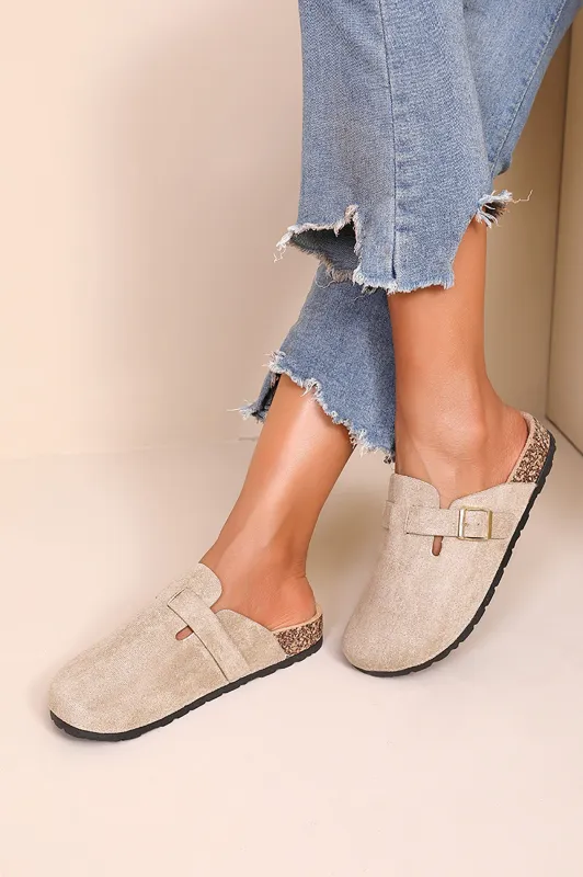 Esther Taupe Suedette Clogs sold by Va Va Voom