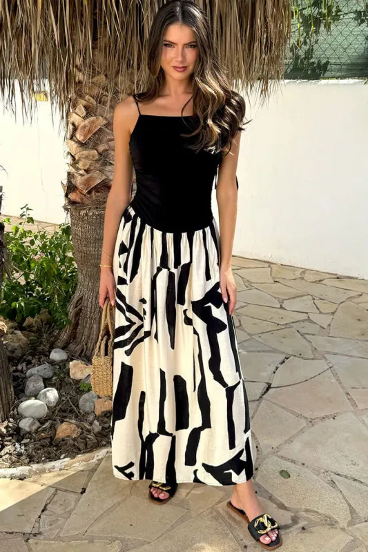 AX Paris Claire Black Printed Tie Shoulder Maxi Dress sold by Va Va Voom