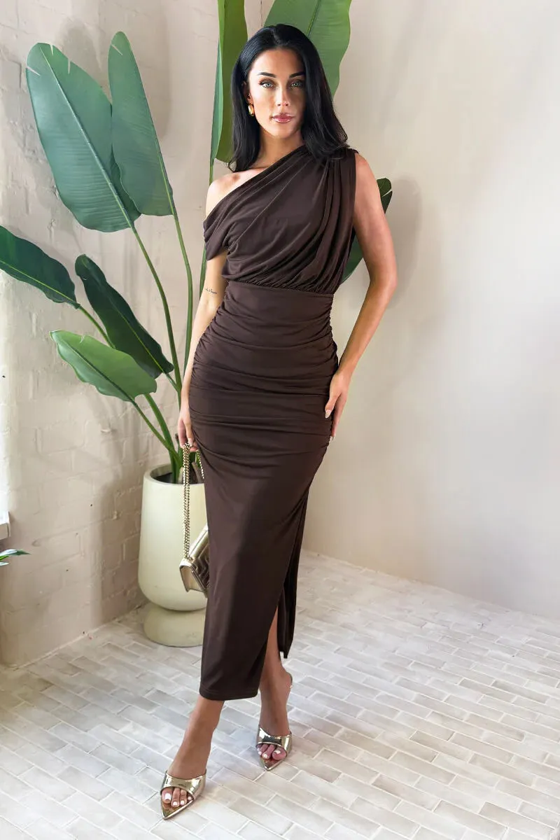 AX Paris Michelle Chocolate Off Shoulder Midi Dress sold by Va Va Voom