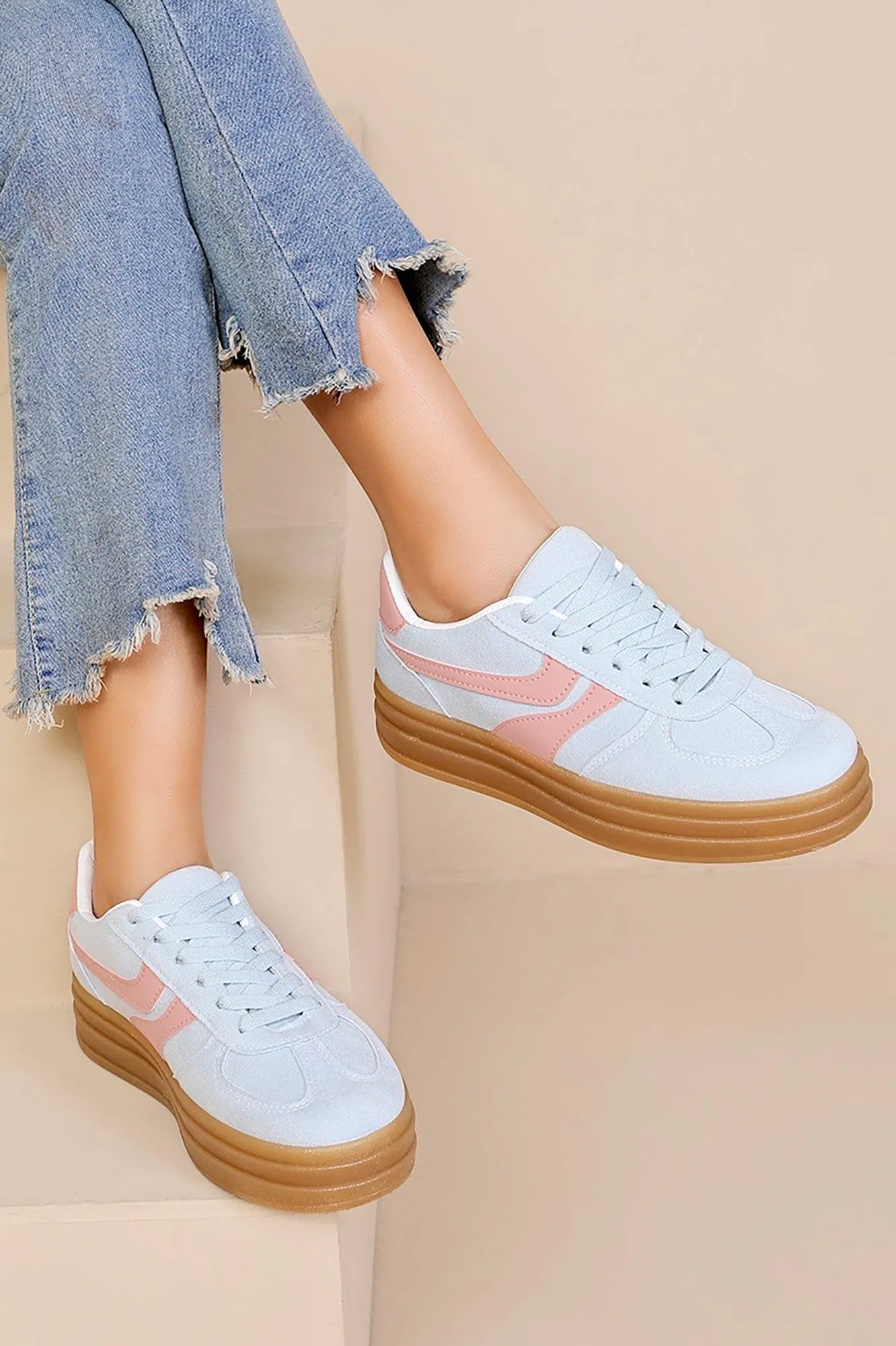 Wren Blue Suedette Platform Trainers sold by Vavavoom