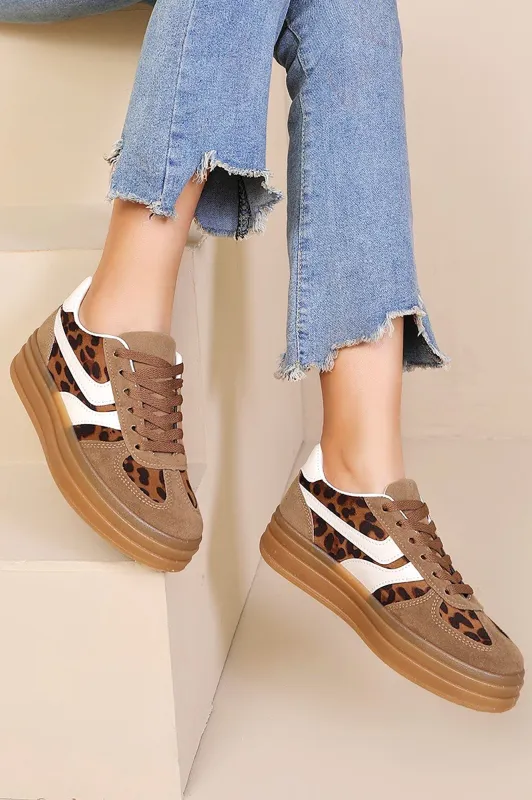 Wren Leopard Suedette Platform Trainers sold by Va Va Voom