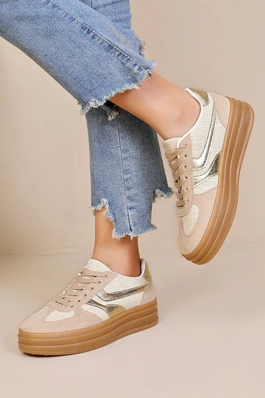 Wren Beige Suedette Platform Trainers sold by Va Va Voom