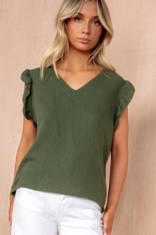Ophelia Khaki Cotton Frill Sleeve Top sold by Va Va Voom