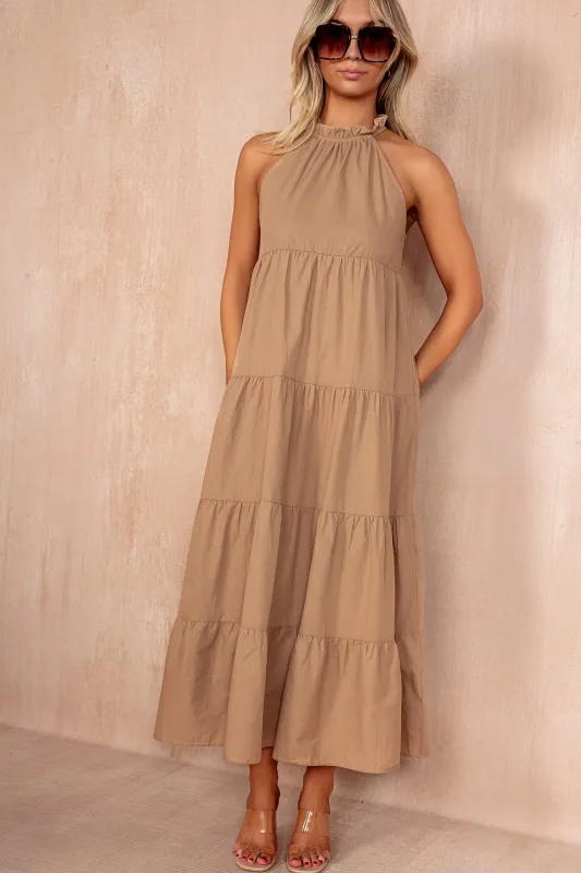 Emberly Camel Cotton Tiered Maxi Dress sold by Va Va Voom