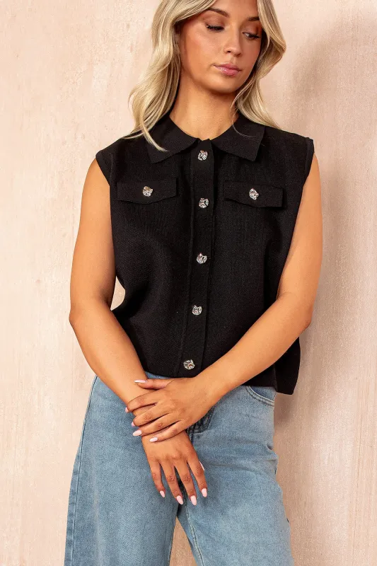 Francesca Black Knit Sleeveless Collar Top sold by Va Va Voom