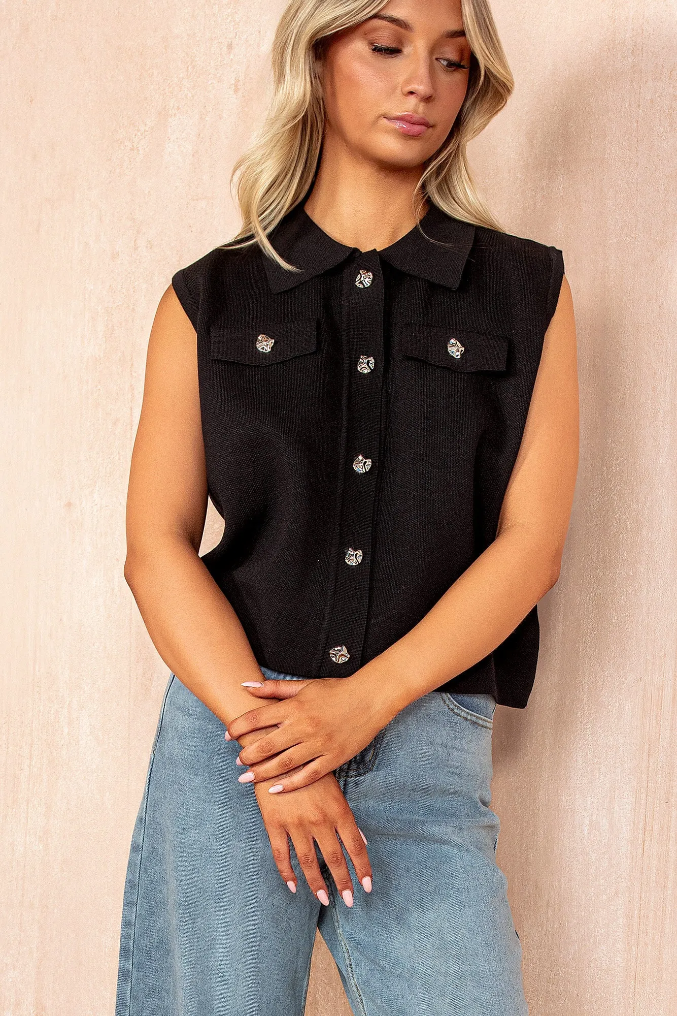 Francesca Black Knit Sleeveless Collar Top sold by Va Va Voom
