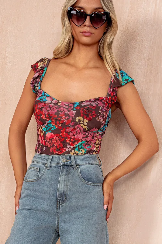Celine Chocolate Printed Frill Sleeve Bodysuit sold by Va Va Voom