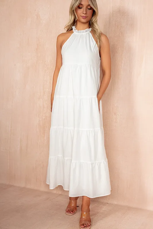 Emberly White Cotton Tiered Maxi Dress sold by Va Va Voom