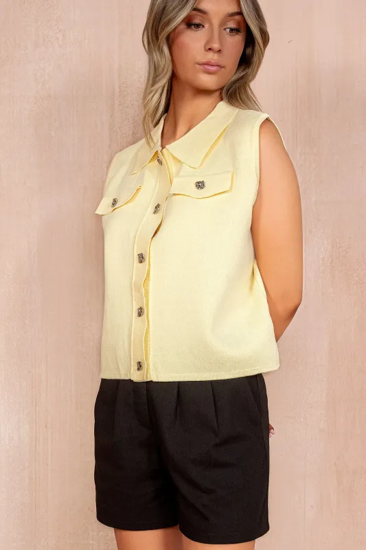 Francesca Yellow Knit Sleeveless Collar Top sold by Va Va Voom