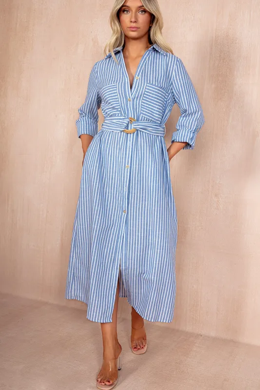 Keeva Blue Stripe Belted Shirt Dress sold by Va Va Voom