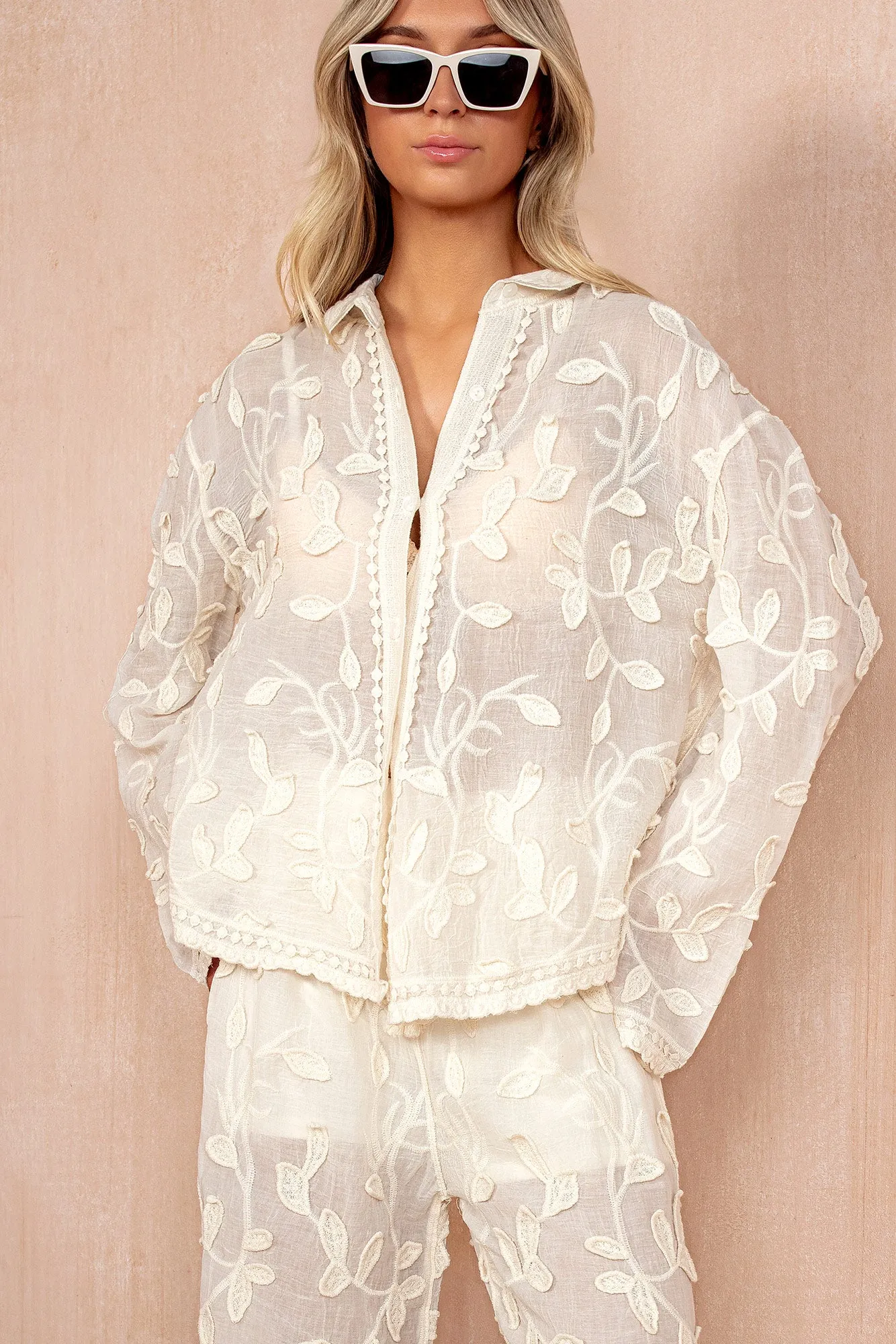 Miriam Cream Cotton Embroidered Shirt sold by Va Va Voom