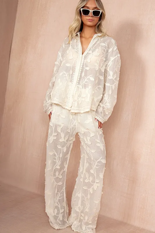 Amanda Cream Embroidered Wide Leg Trousers sold by Va Va Voom