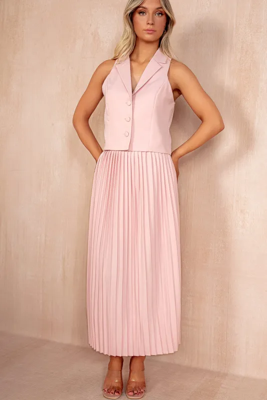 Athena Pink Pleated Midi Skirt sold by Va Va Voom