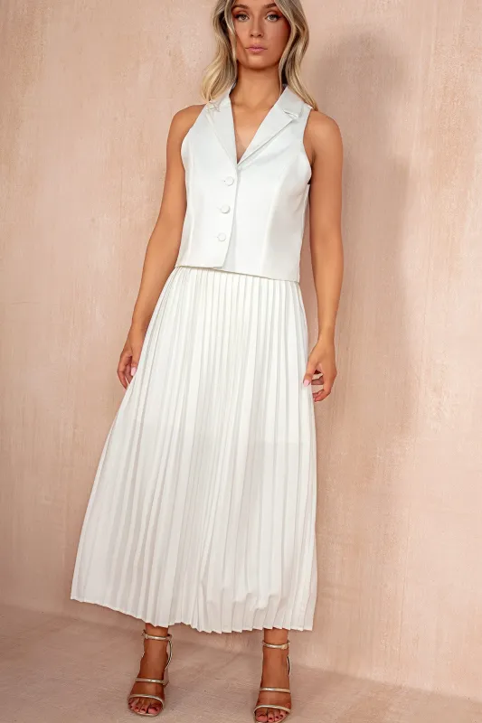 Athena White Pleated Midi Skirt sold by Va Va Voom