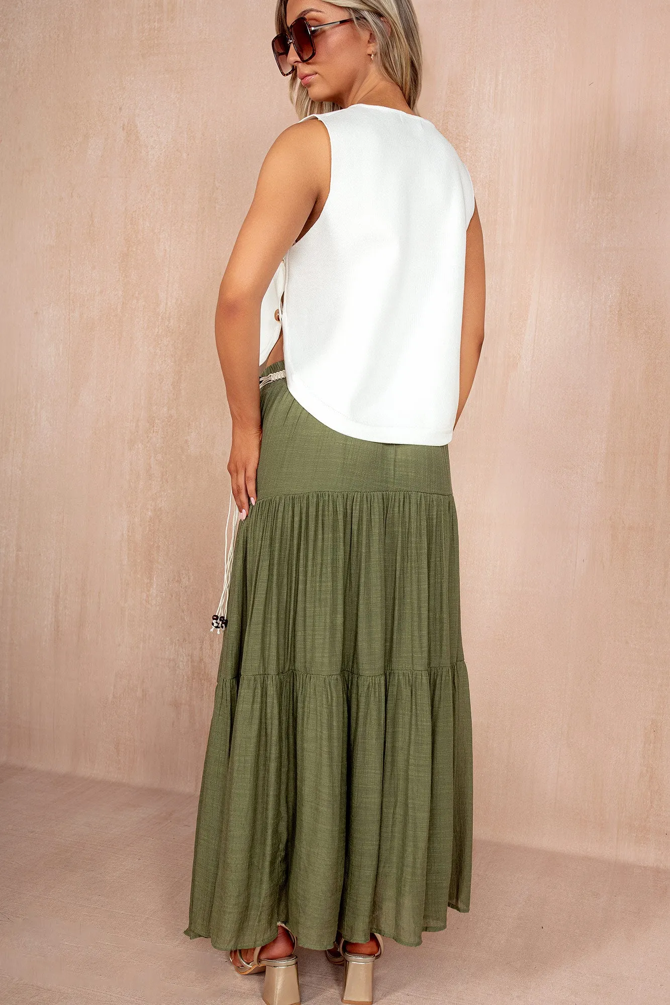 Charlie Khaki Tiered Belted Boho Skirt sold by Va Va Voom product image thumbnail 2