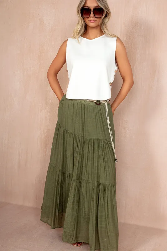 Charlie Khaki Tiered Belted Boho Skirt sold by Va Va Voom