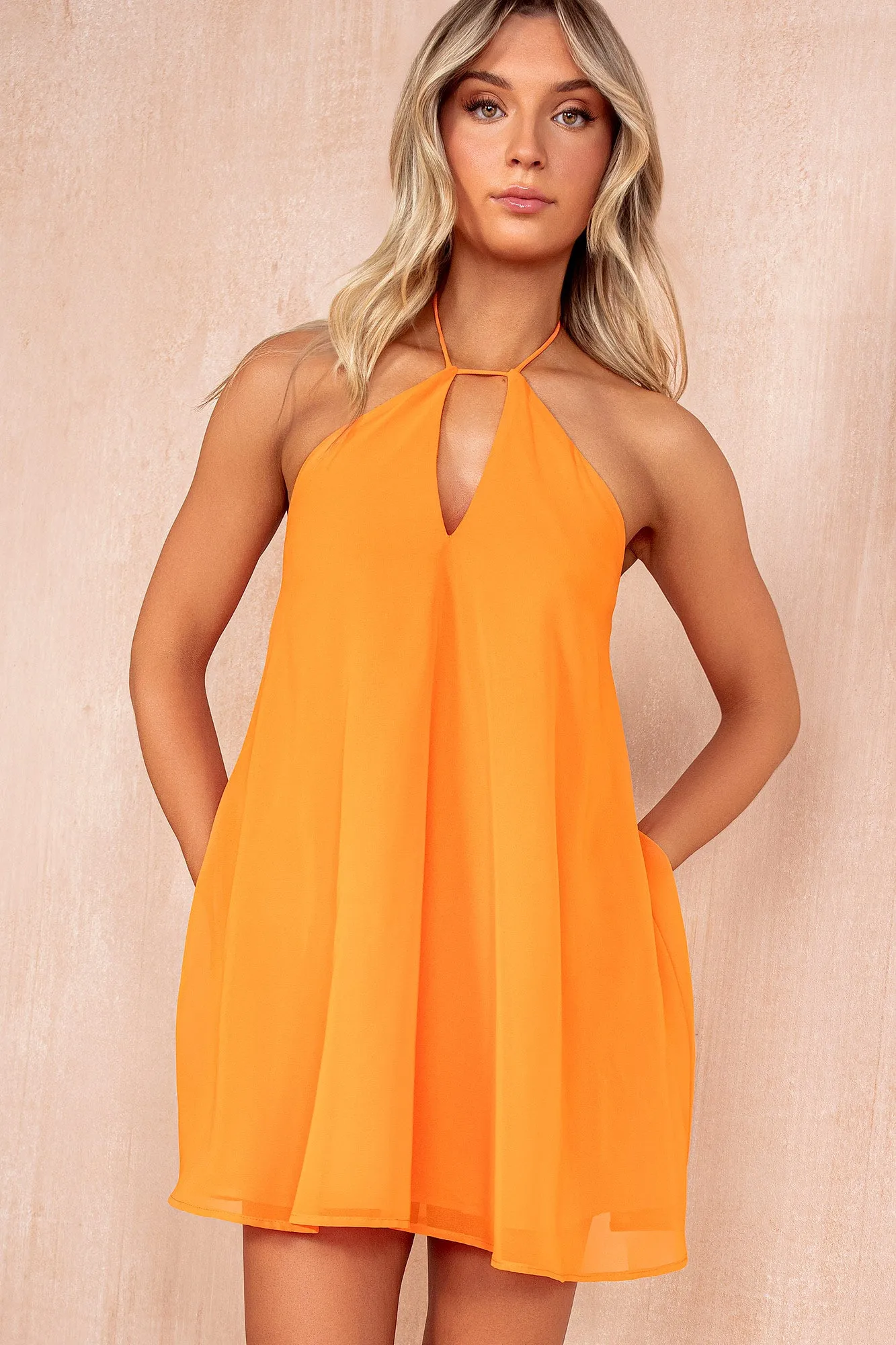 Natalie Orange Chiffon Halterneck Swing Dress sold by Va Va Voom product image thumbnail 4