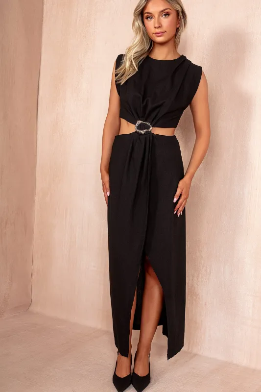 Brooklyn Black Linen Cut Out Midi Dress sold by Vavavoom