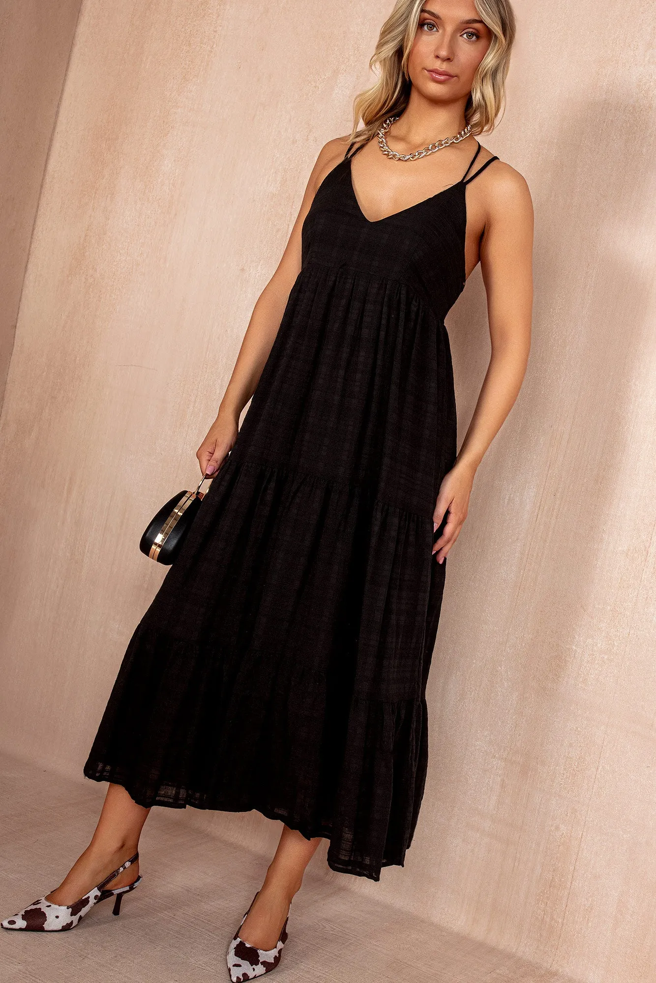 Oksana Black Cotton Strappy Midi Dress sold by Va Va Voom