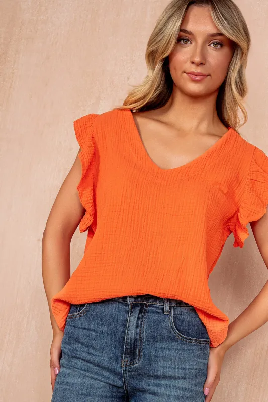 Ophelia Orange Cotton Frill Sleeve Top sold by Va Va Voom