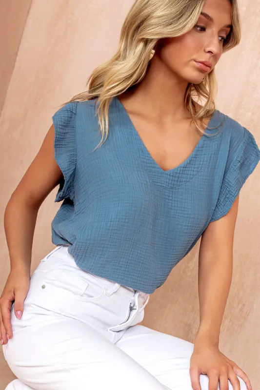 Ophelia Dark Blue Cotton Frill Sleeve Top sold by Va Va Voom