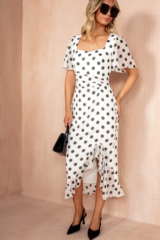 Heidi White Chiffon Polka Dot Midi Dress sold by Va Va Voom