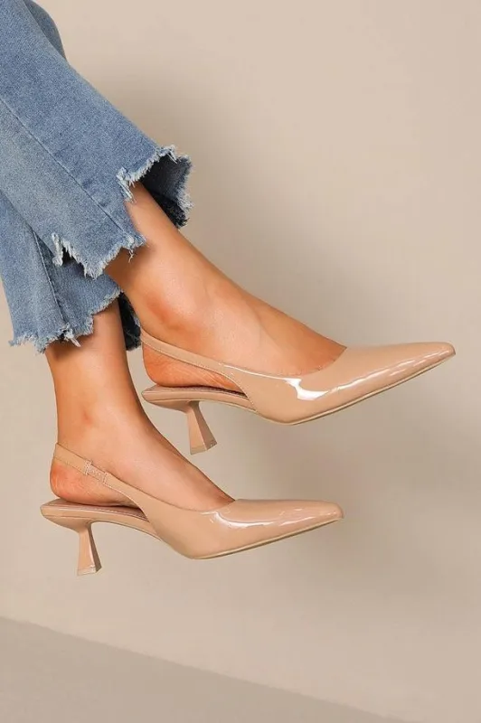 Hayden Nude Patent Slingback Heels sold by Va Va Voom