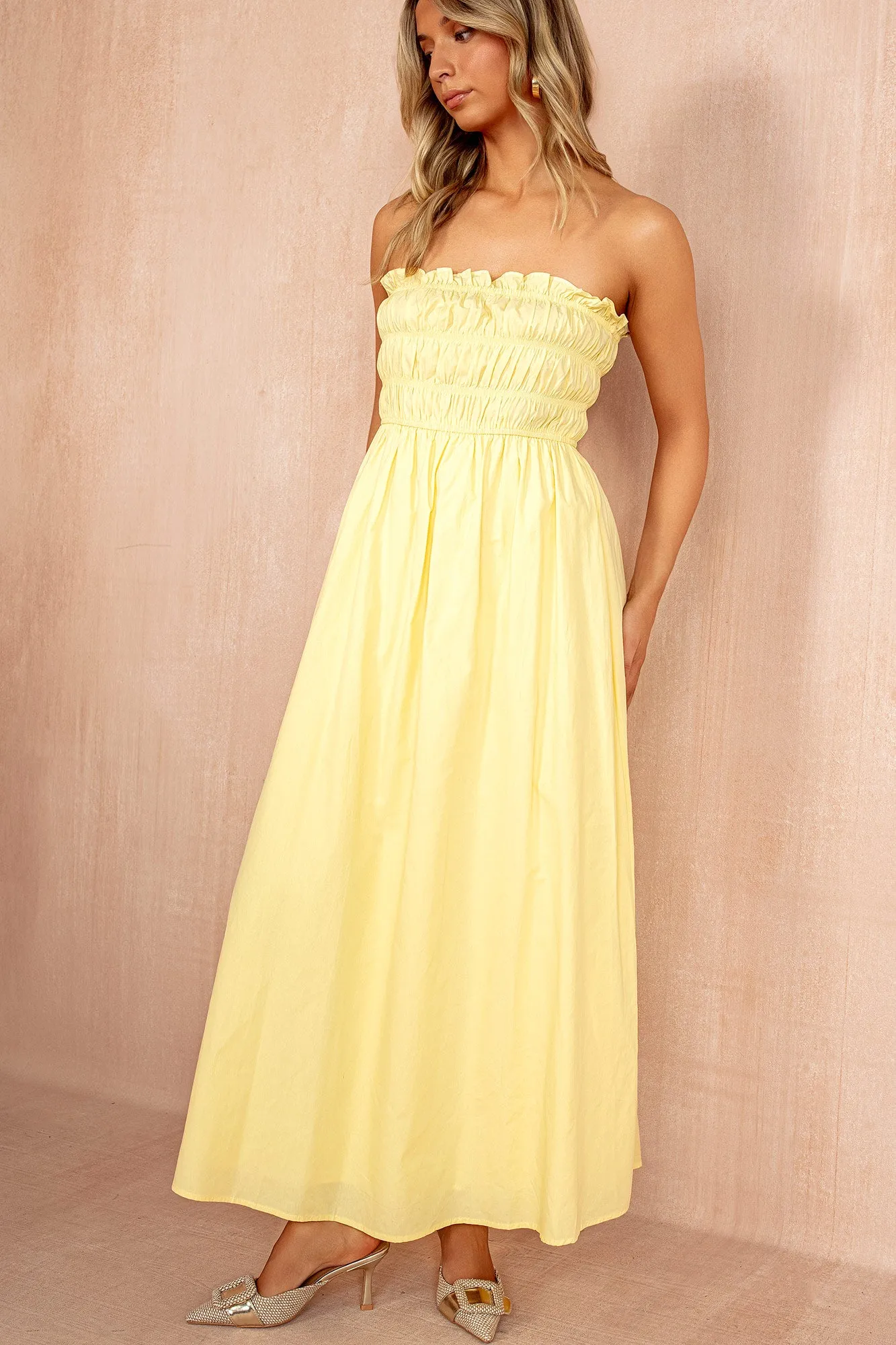 Lauren Yellow Cotton Bandeau Dress sold by Va Va Voom