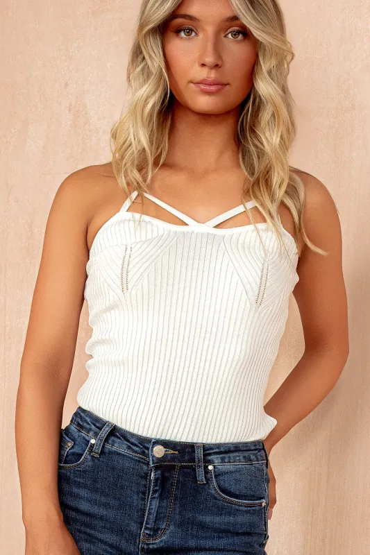 Maddie White Knit Ribbed Strappy Top sold by Va Va Voom