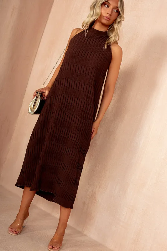 Davina Chocolate Textured Halterneck Maxi Dress sold by Va Va Voom