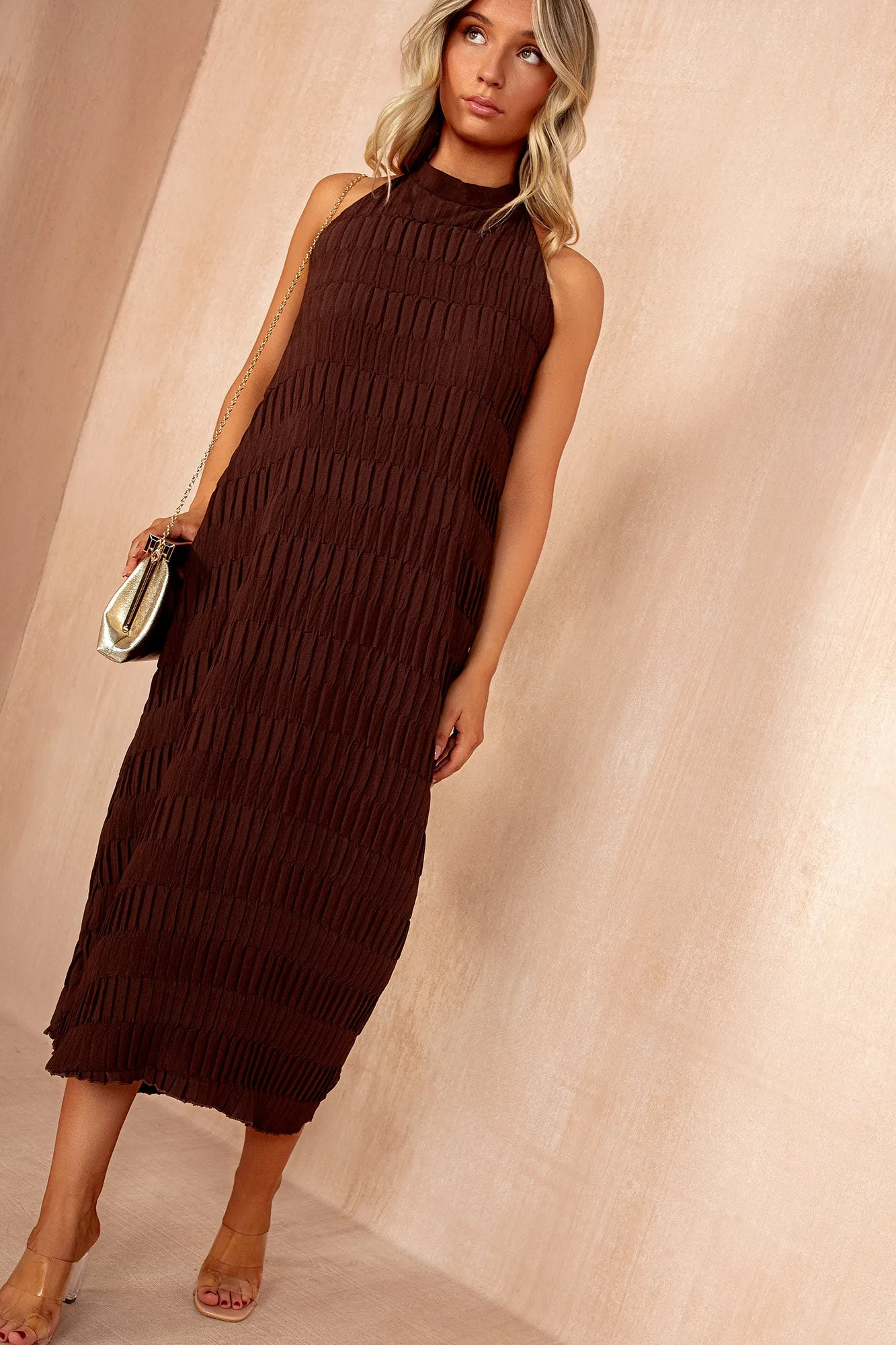 Davina Chocolate Textured Halterneck Maxi Dress sold by Va Va Voom product image thumbnail 2
