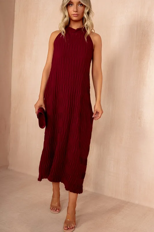 Davina Burgundy Textured Halterneck Maxi Dress sold by Va Va Voom
