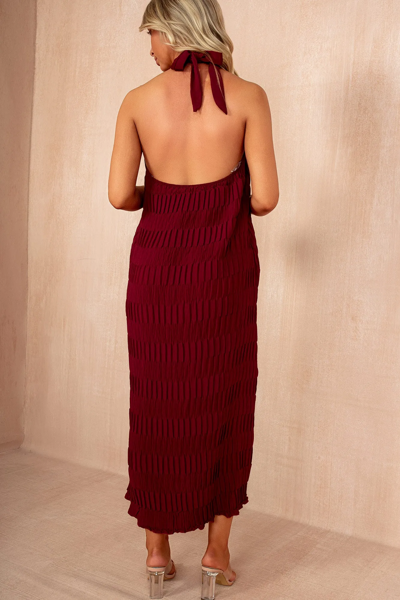 Davina Burgundy Textured Halterneck Maxi Dress sold by Vavavoom product image thumbnail 4