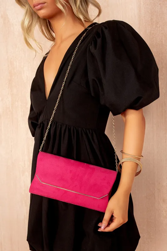 Trixie Fuchsia Suedette Detachable Chain Bag sold by Va Va Voom