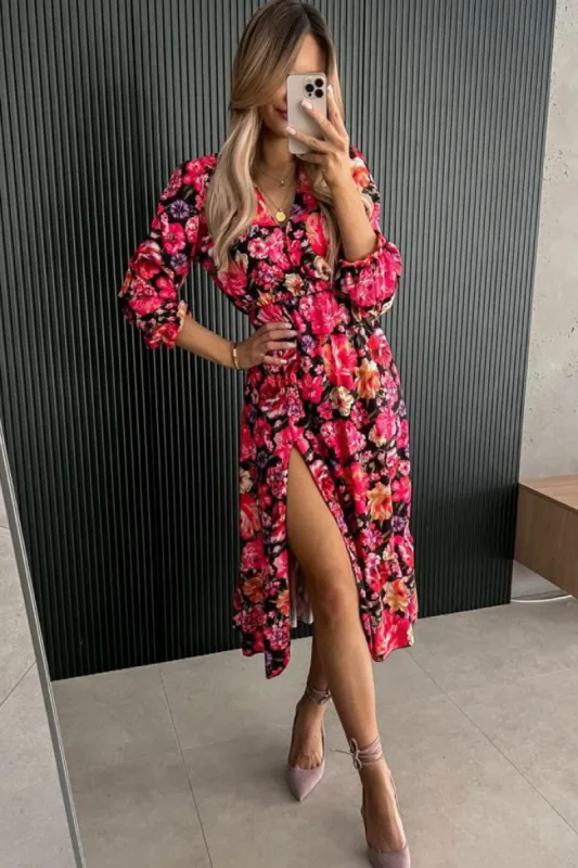 Oriana Red Floral Midi Dress sold by Va Va Voom