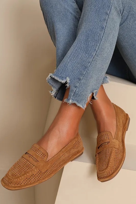 Jane Camel Suedette Loafers sold by Va Va Voom