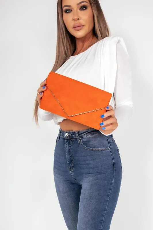Pamela Orange Suedette Gold Trim Clutch sold by Va Va Voom
