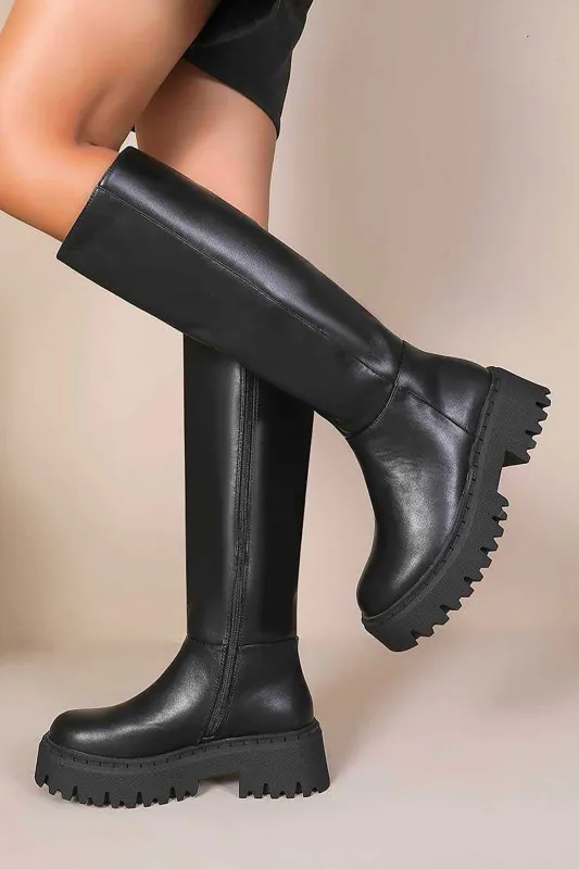 Camilla Black Faux Leather Chunky Knee High Boots sold by Va Va Voom