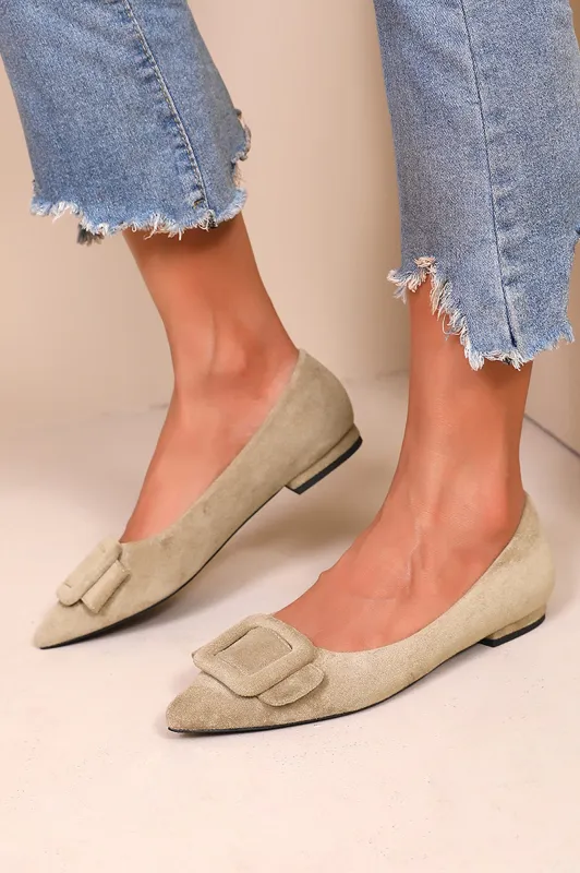 Fern Camel Suedette Buckle Flat Shoe sold by Va Va Voom