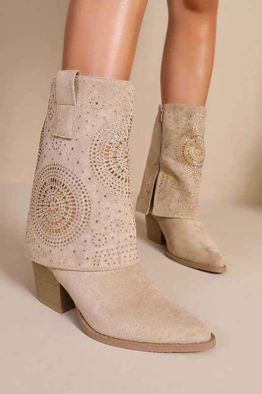 Lola Taupe Suedette Diamante Foldover Boots sold by Va Va Voom