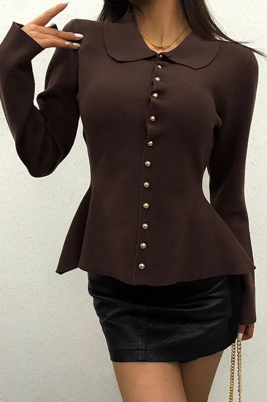 Zadie Chocolate Knit Button Front Fitted Top sold by Va Va Voom