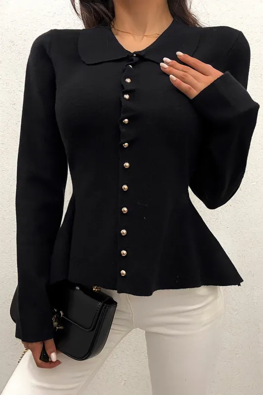 Zadie Black Knit Button Front Fitted Top sold by Va Va Voom